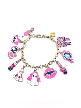 Pink Halloween Charm Bracelet Gold Skulls Ghost